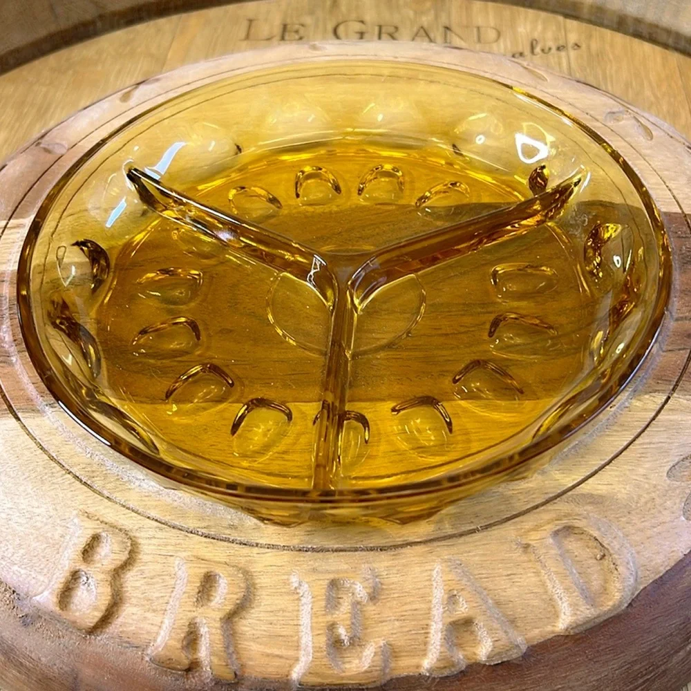 Indiana Glass Co Kings Crown Amber Gold Thumb Print 3 Way Divided Relish‎ Dish